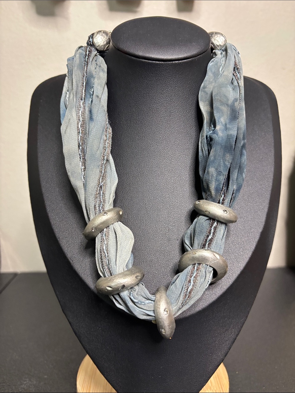 Blue Fabric & Silver-tone Bead Statement Necklace